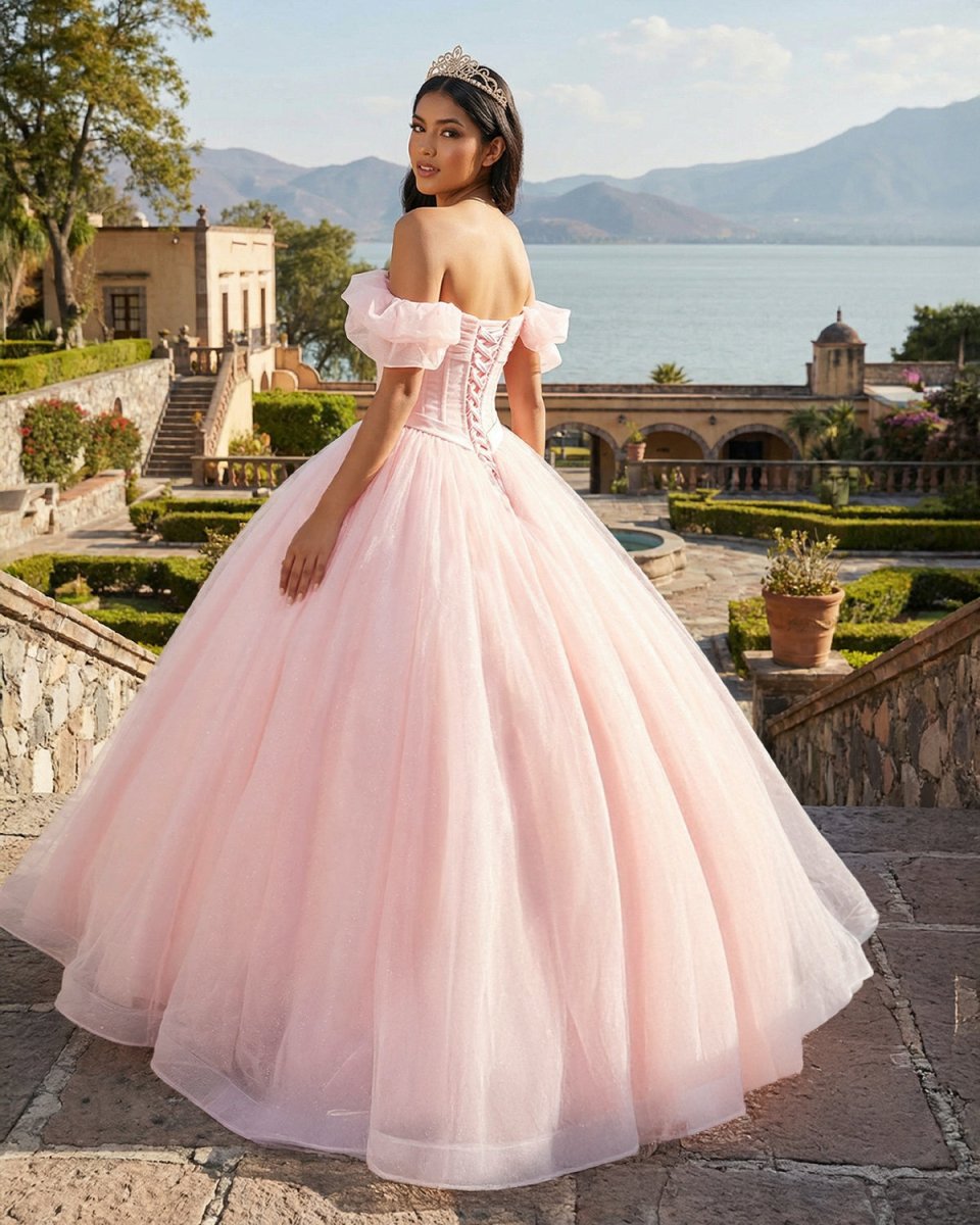 Pink A Line Tulle Off The Shoulder Floor-Length Quinceanera Dresses with Sashes