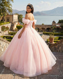 Pink A Line Tulle Off The Shoulder Floor-Length Quinceanera Dresses with Sashes