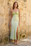 Sage Spaghetti Straps Sheath Satin Pleated Formal Prom Dresses With Slit