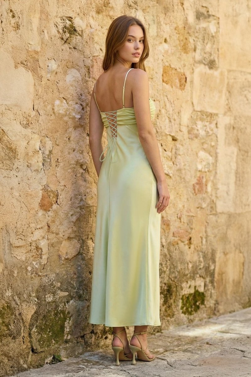 Sage Spaghetti Straps Sheath Satin Pleated Formal Prom Dresses With Slit