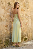 Sage Spaghetti Straps Sheath Satin Pleated Formal Prom Dresses With Slit