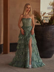 Sky Blue A Line Strapless Ruffle Sequin Lace Prom Dresses