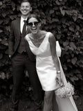 A-Line Satin V-Neck Short Wedding Dress with Large Bow