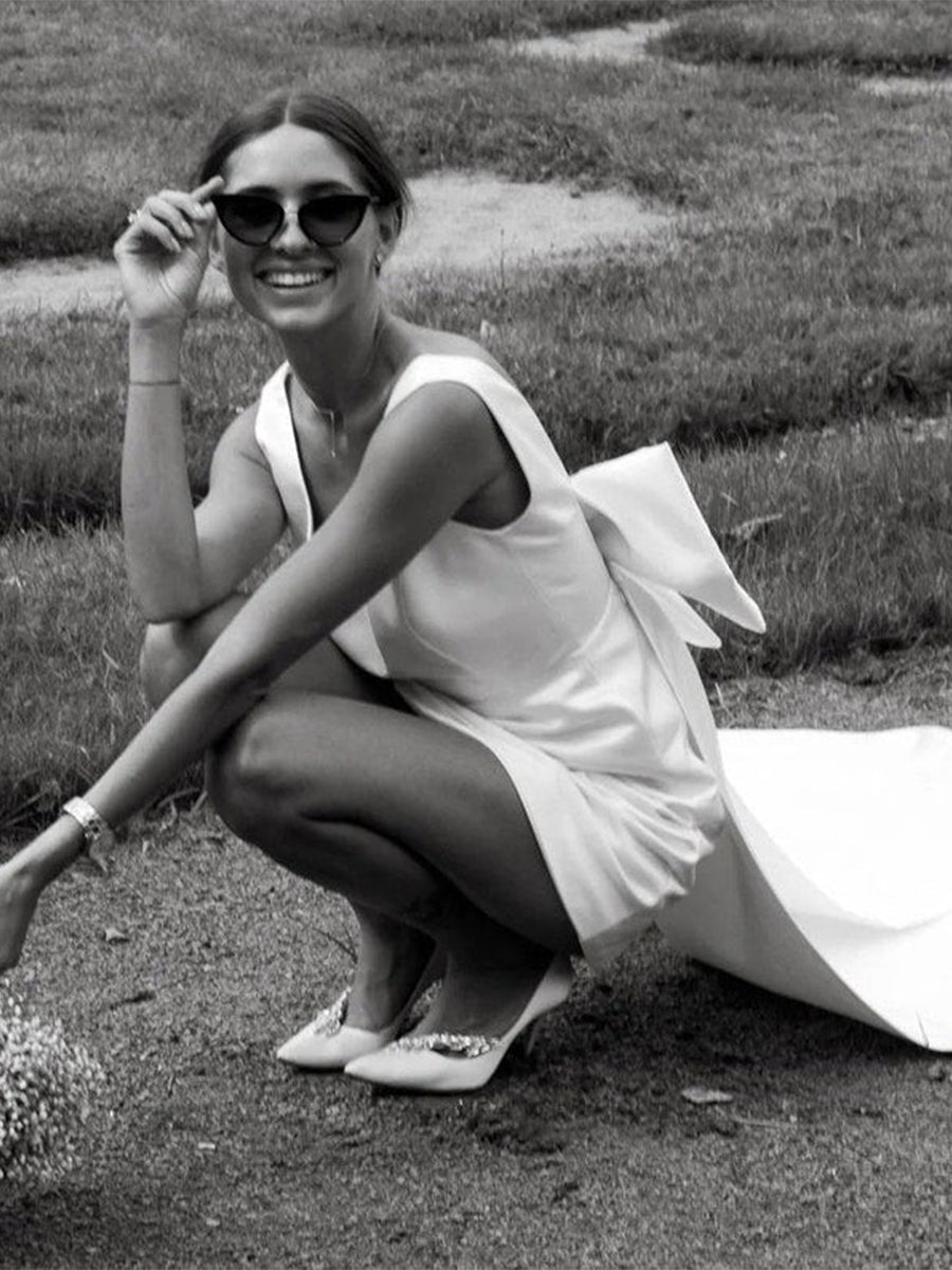 A-Line Satin V-Neck Short Wedding Dress with Large Bow