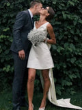 A-Line Satin V-Neck Short Wedding Dress with Large Bow