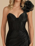 Black One Shoulder Bodycon Beaded Homecoming Dresses With Flower