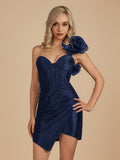 Black One Shoulder Bodycon Beaded Homecoming Dresses With Flower