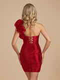 Black One Shoulder Bodycon Beaded Homecoming Dresses With Flower