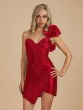 Black One Shoulder Bodycon Beaded Homecoming Dresses With Flower