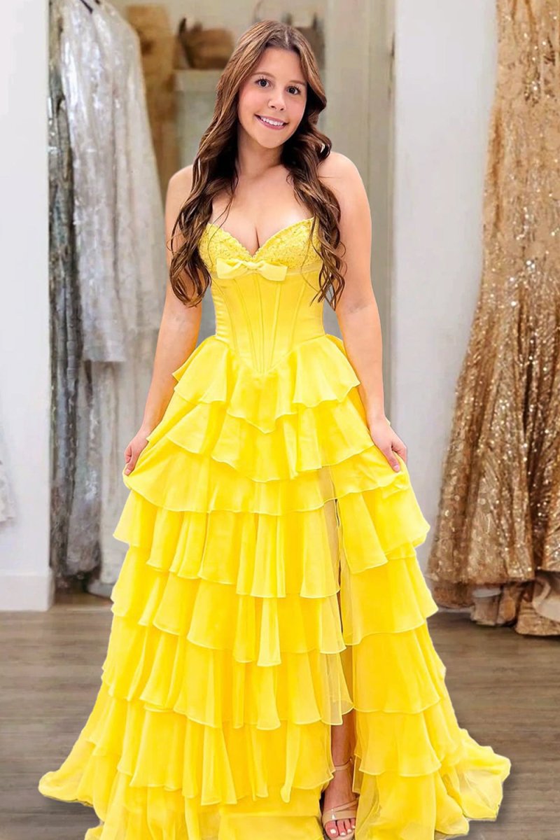 Fuchsia A Line Sweetheart Chiffon Ruffled Long Formal Prom Dresses With Bow