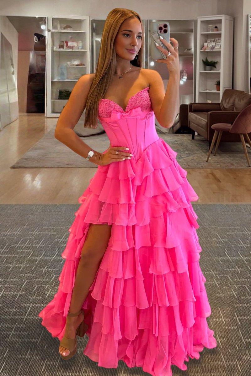 Fuchsia A Line Sweetheart Chiffon Ruffled Long Formal Prom Dresses With Bow