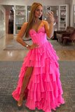 Fuchsia A Line Sweetheart Chiffon Ruffled Long Formal Prom Dresses With Bow