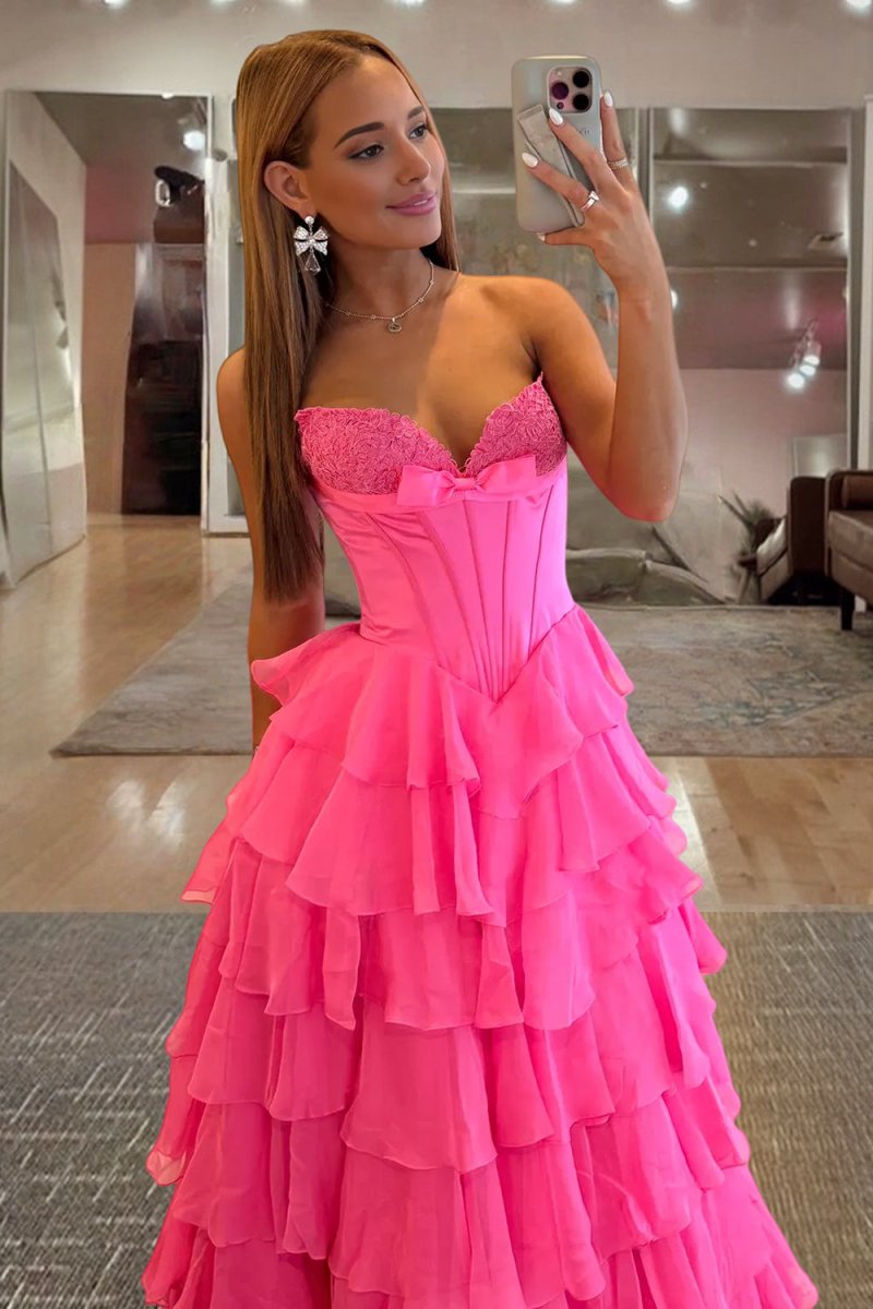 Fuchsia A Line Sweetheart Chiffon Ruffled Long Formal Prom Dresses With Bow