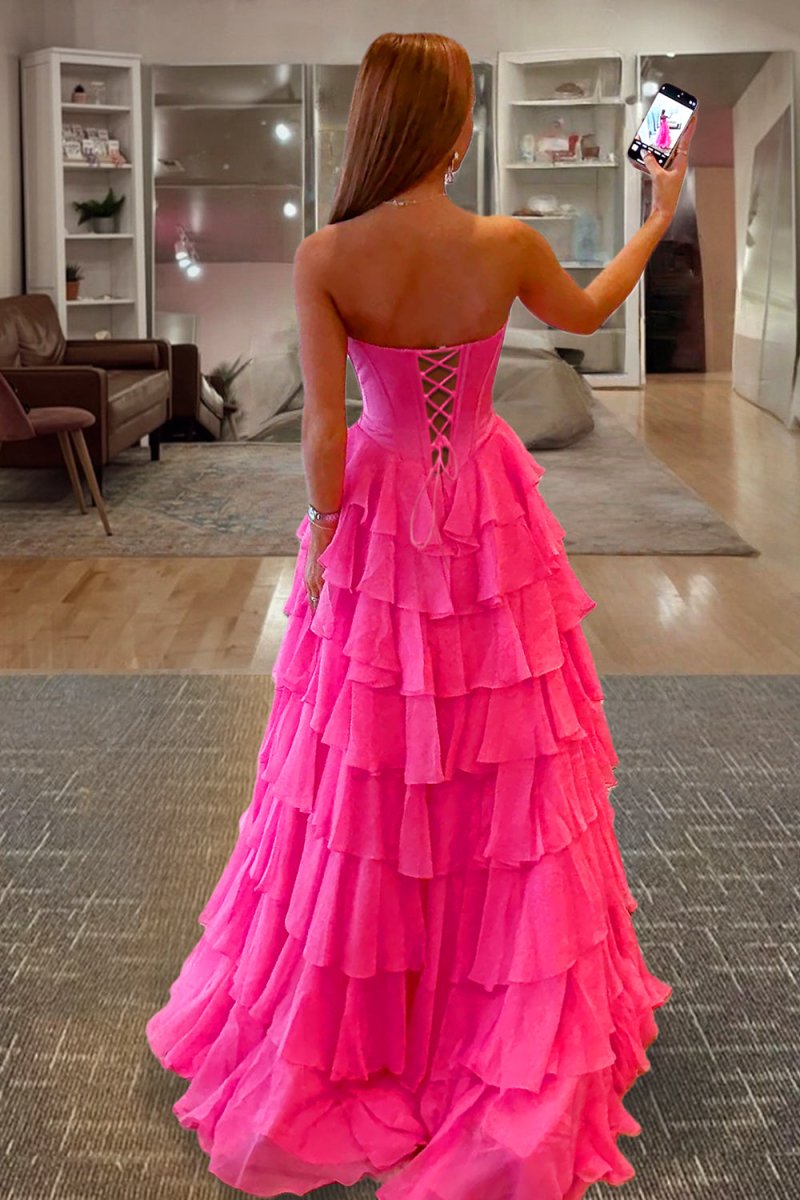 Fuchsia A Line Sweetheart Chiffon Ruffled Long Formal Prom Dresses With Bow
