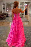 Fuchsia A Line Sweetheart Chiffon Ruffled Long Formal Prom Dresses With Bow