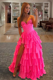 Fuchsia A Line Sweetheart Chiffon Ruffled Long Formal Prom Dresses With Bow