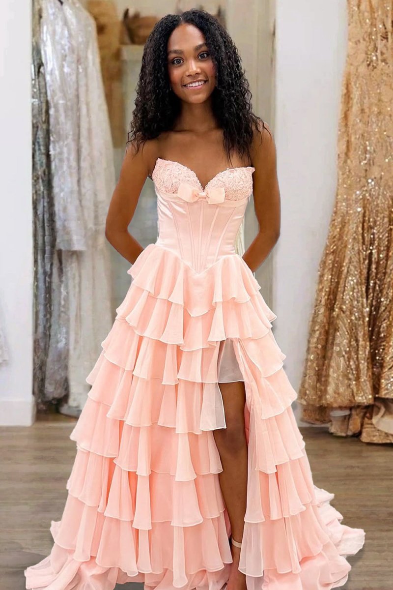 Fuchsia A Line Sweetheart Chiffon Ruffled Long Formal Prom Dresses With Bow