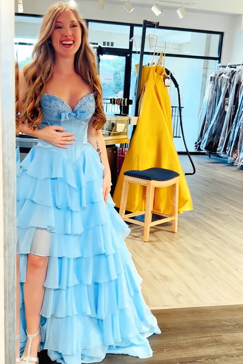 Fuchsia A Line Sweetheart Chiffon Ruffled Long Formal Prom Dresses With Bow