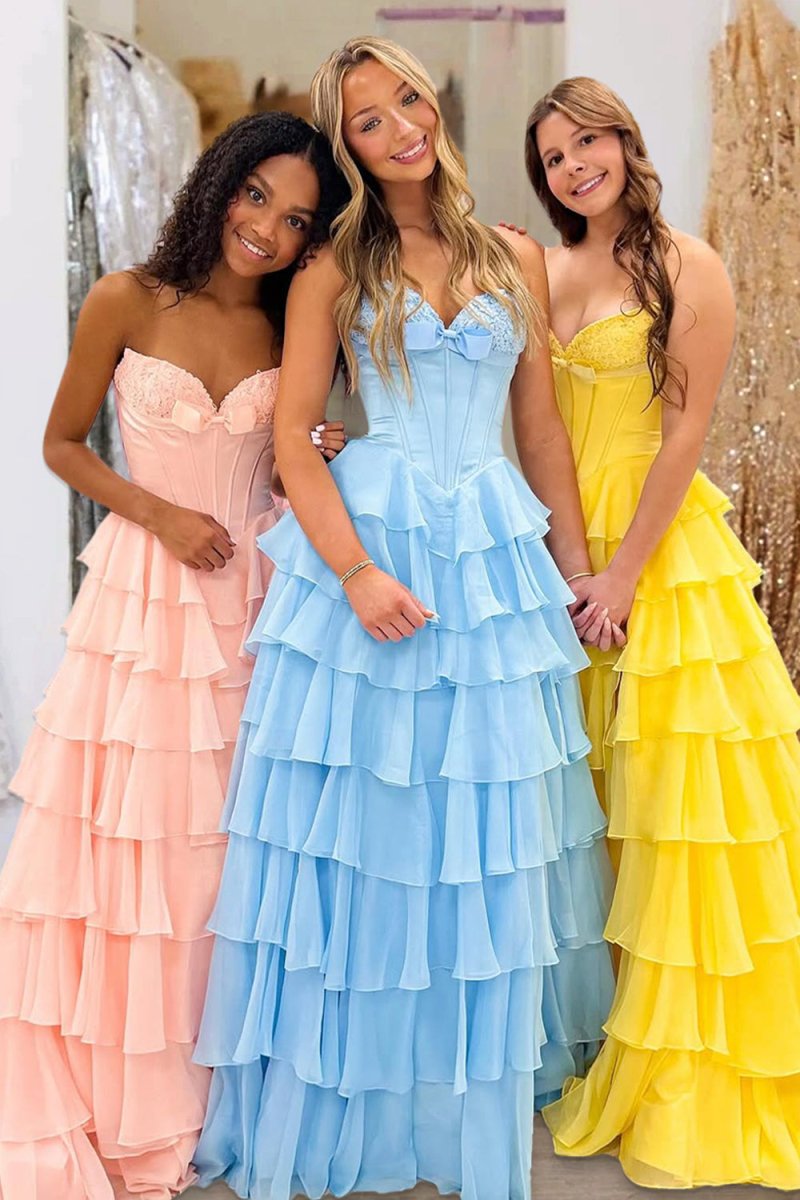 Fuchsia A Line Sweetheart Chiffon Ruffled Long Formal Prom Dresses With Bow