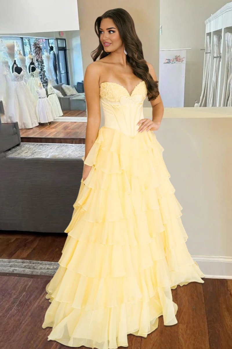 Fuchsia A Line Sweetheart Chiffon Ruffled Long Formal Prom Dresses With Bow