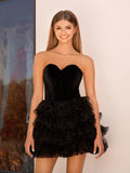 Black Velvet Sweetheart Ruffles Short Homecoming Dress