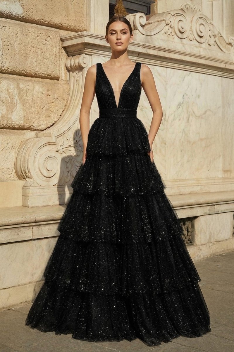 Lavender Tulle Sequin V-Neck Ruffle Tiered Long Prom Dress