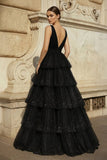 Lavender Tulle Sequin V-Neck Ruffle Tiered Long Prom Dress