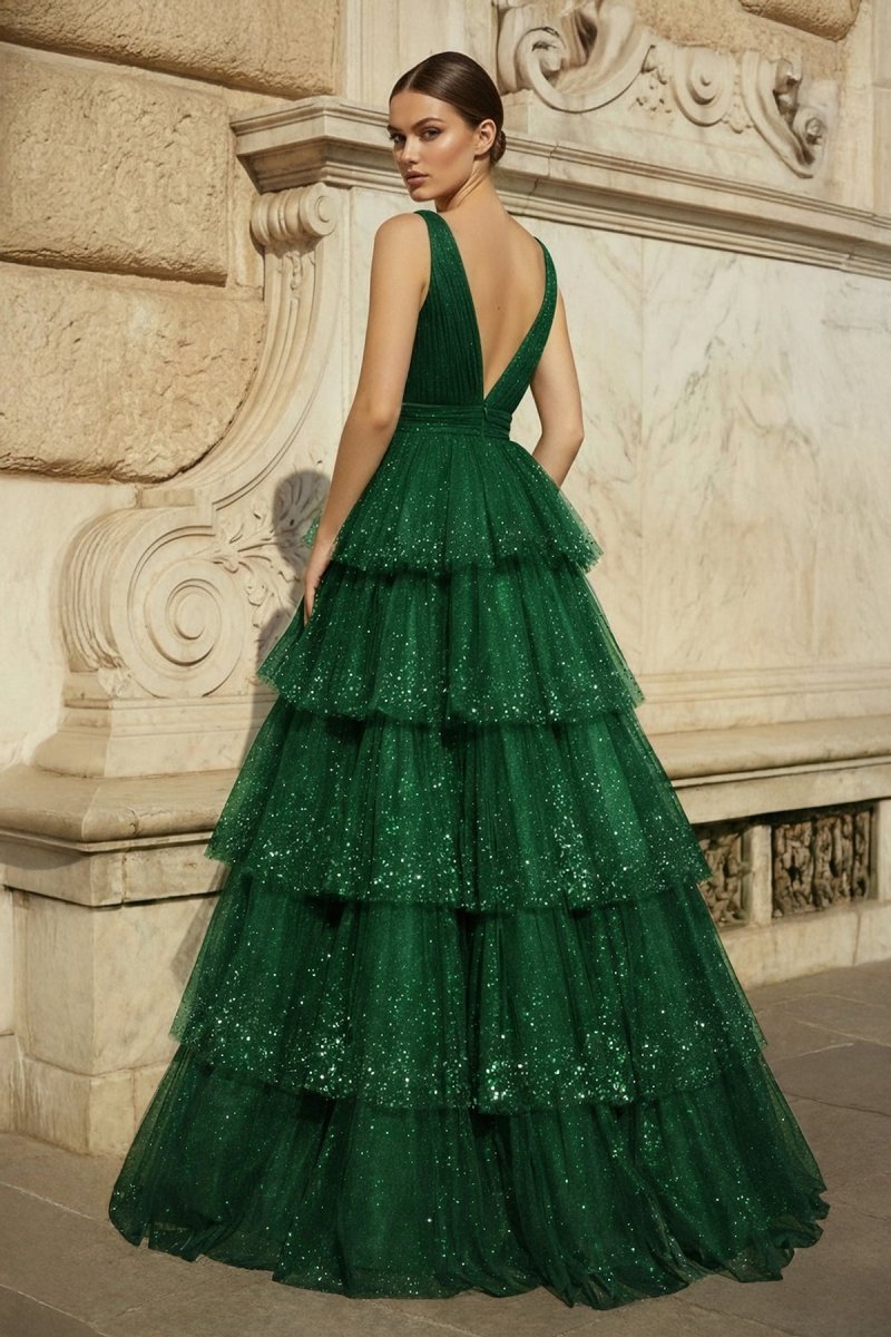 Lavender Tulle Sequin V-Neck Ruffle Tiered Long Prom Dress