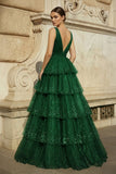 Lavender Tulle Sequin V-Neck Ruffle Tiered Long Prom Dress