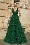 Lavender Tulle Sequin V-Neck Ruffle Tiered Long Prom Dress