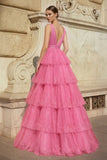 Lavender Tulle Sequin V-Neck Ruffle Tiered Long Prom Dress