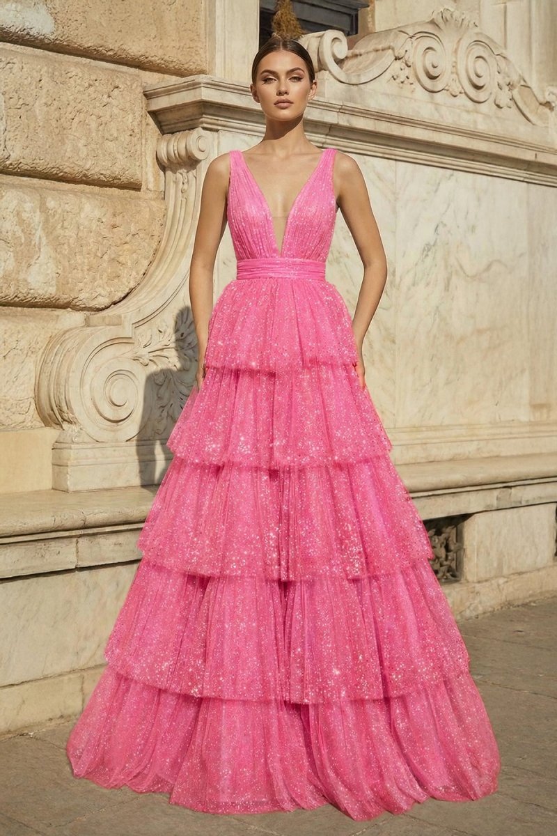 Lavender Tulle Sequin V-Neck Ruffle Tiered Long Prom Dress