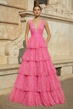 Lavender Tulle Sequin V-Neck Ruffle Tiered Long Prom Dress
