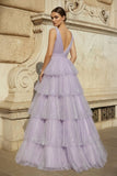 Lavender Tulle Sequin V-Neck Ruffle Tiered Long Prom Dress