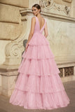 Lavender Tulle Sequin V-Neck Ruffle Tiered Long Prom Dress
