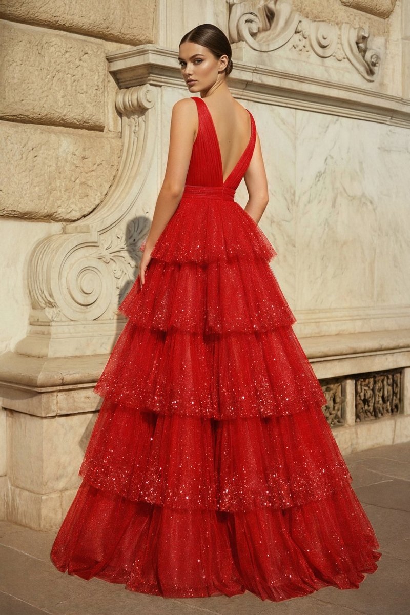 Lavender Tulle Sequin V-Neck Ruffle Tiered Long Prom Dress