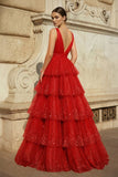 Lavender Tulle Sequin V-Neck Ruffle Tiered Long Prom Dress