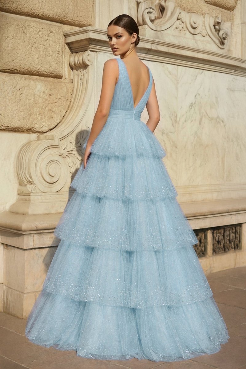 Lavender Tulle Sequin V-Neck Ruffle Tiered Long Prom Dress