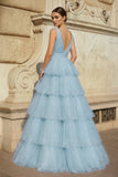 Lavender Tulle Sequin V-Neck Ruffle Tiered Long Prom Dress