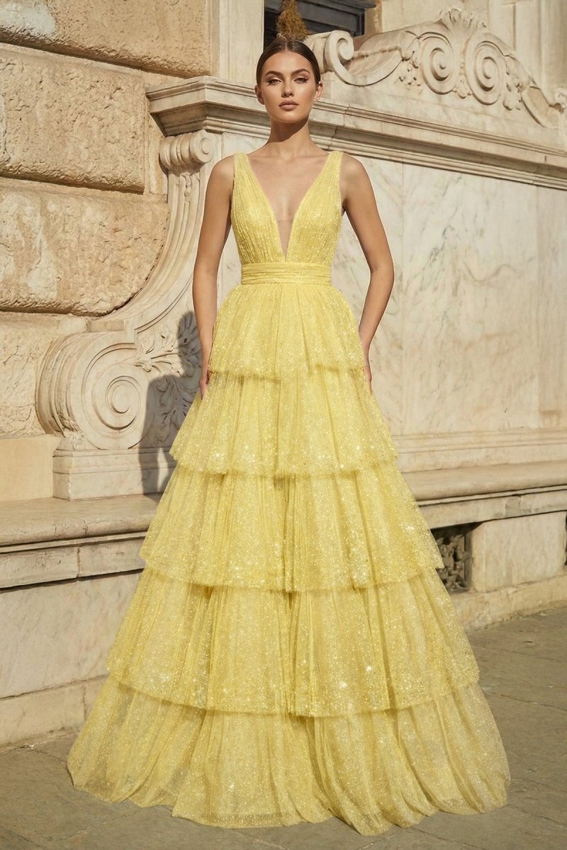 Lavender Tulle Sequin V-Neck Ruffle Tiered Long Prom Dress