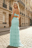 Mermaid Spaghetti Straps Yellow Ruffle Chiffon Long Prom Dresses with Flower