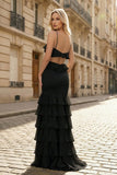 Mermaid Spaghetti Straps Yellow Ruffle Chiffon Long Prom Dresses with Flower