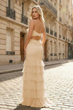 Mermaid Spaghetti Straps Yellow Ruffle Chiffon Long Prom Dresses with Flower