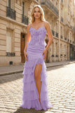 Mermaid Spaghetti Straps Yellow Ruffle Chiffon Long Prom Dresses with Flower