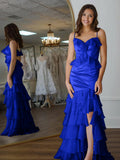 Mermaid Spaghetti Straps Yellow Ruffle Chiffon Long Prom Dresses with Flower