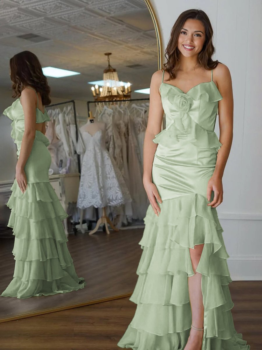 Mermaid Spaghetti Straps Yellow Ruffle Chiffon Long Prom Dresses with Flower