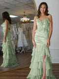 Mermaid Spaghetti Straps Yellow Ruffle Chiffon Long Prom Dresses with Flower