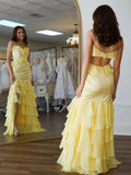 Mermaid Spaghetti Straps Yellow Ruffle Chiffon Long Prom Dresses with Flower