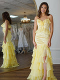 Mermaid Spaghetti Straps Yellow Ruffle Chiffon Long Prom Dresses with Flower