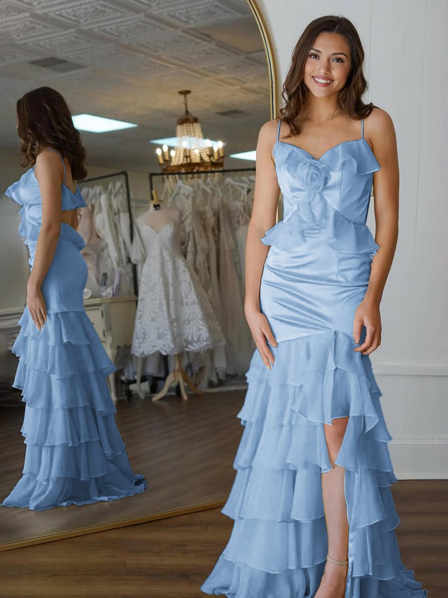 Mermaid Spaghetti Straps Yellow Ruffle Chiffon Long Prom Dresses with Flower